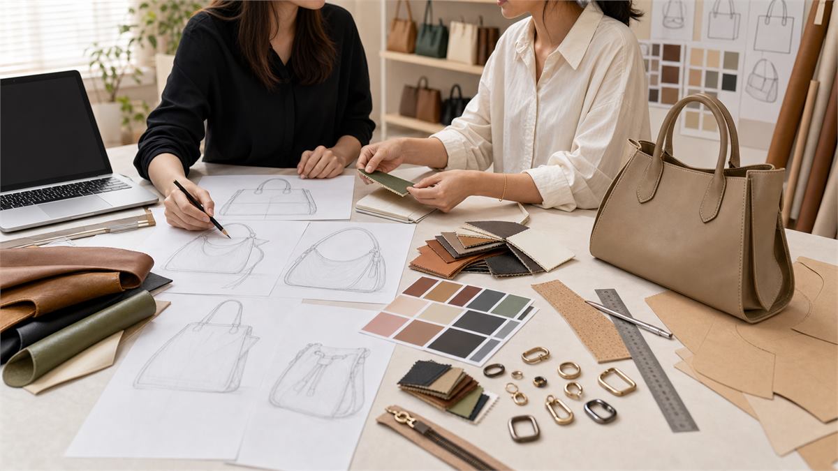 Designers reviewing handbag sketches, swatches, hardware and prototype sample