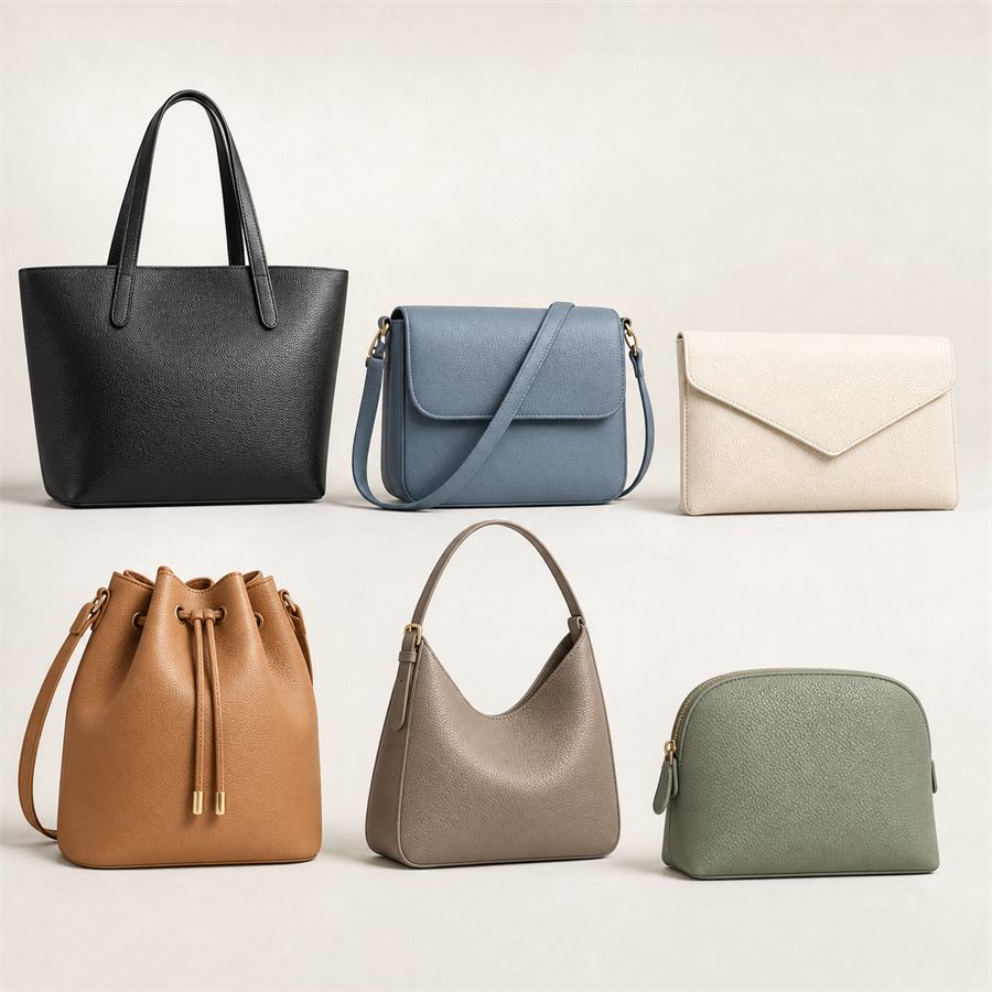 Private label women handbag collection including tote, crossbody, clutch, bucket and pouch styles