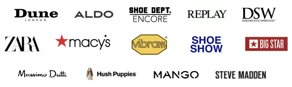 Selected cooperation brands including Dune, ALDO, SHOE DEPT., REPLAY, DSW, ZARA, Macy's, Vibram, SHOE SHOW, BIG STAR, Massimo Dutti, Hush Puppies, MANGO and Steve Madden